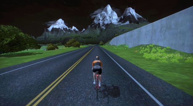 Zwift mountains in the distance