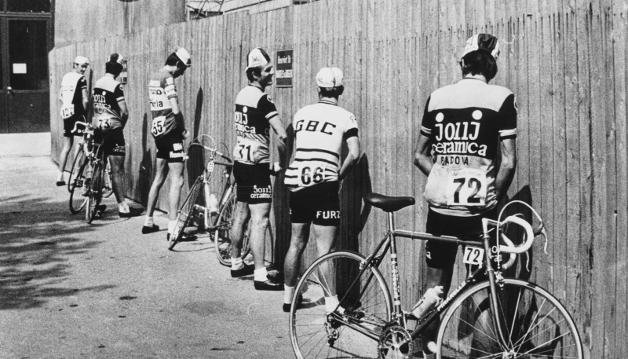 Cyclists taking a toilet break